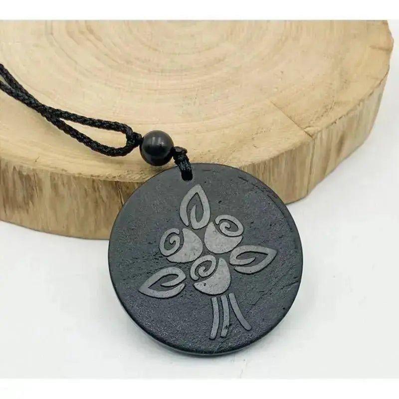 Shungite round pendant with Tulip engraving – EMF Protection & Energy Balancing Stone - Futures ETC