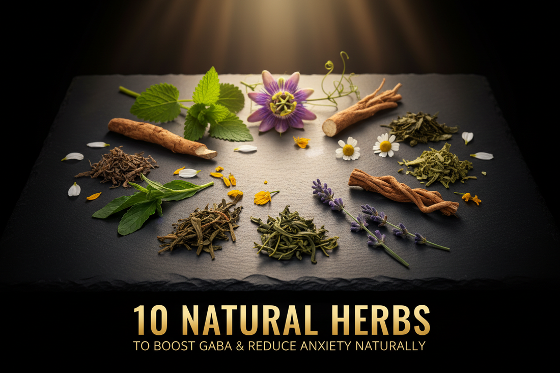 A cinematic, high-end apothecary-style composition featuring all 10 botanicals with golden light, deep black background, and a luxurious editorial feel