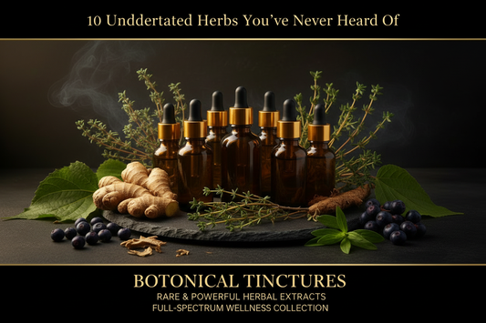 10 Underrated Herbs You've Never Heard Of - Amber tincture bottles with ginger root, wormwood, thyme, wild yam, Oregon grape and uva ursi on dark stone - Futures ETC Botanical Tinctures Collection