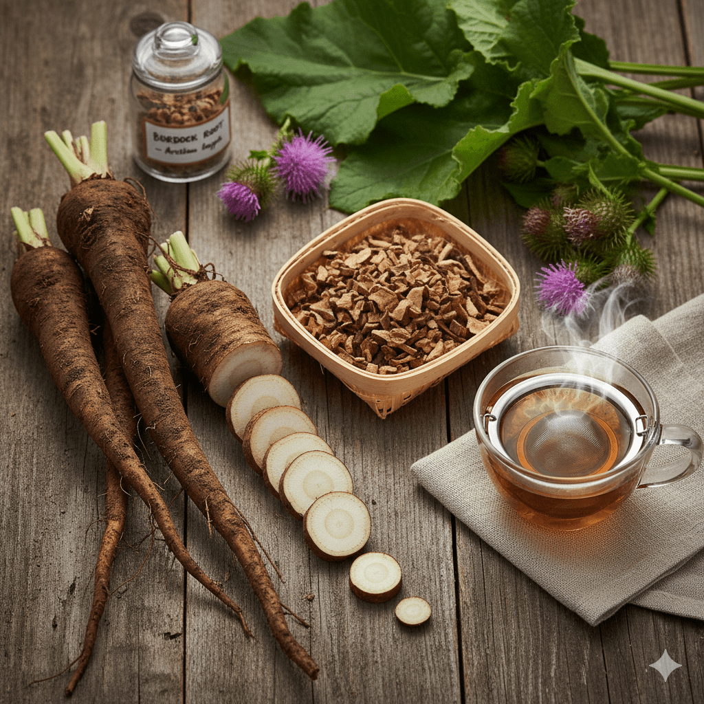 Burdock Root in various forms, including the whole roots, sliced pieces, dried cut root for tea, and a steaming cup of burdock root tea, all set on a rustic wooden background with some burdock leaves and flowers