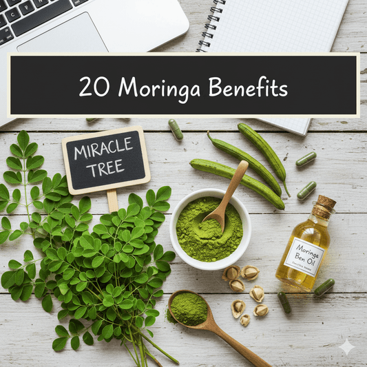 Fresh Moringa leaves, powder, capsules, seed pods, and "Miracle Tree" sign on a rustic table, highlighting 20 health benefits