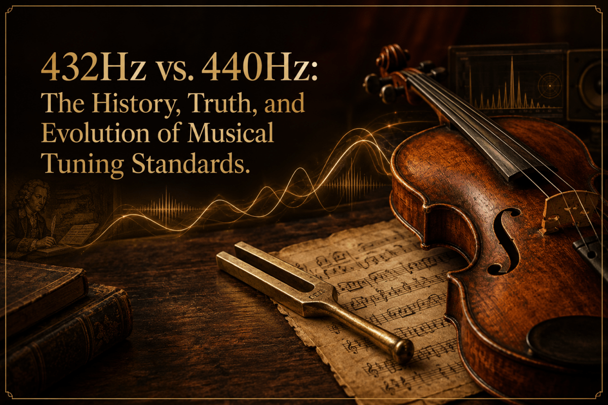 Antique violin, tuning fork, and sheet music with golden sound-wave accents.
