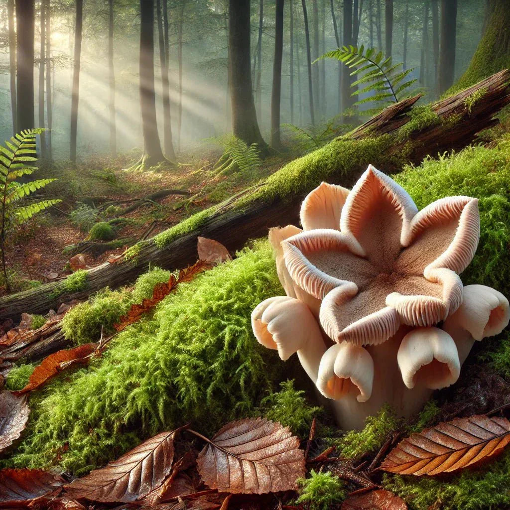 Collared Earthstar (Geastrum triplex) fungus with star-shaped fruiting body in forest