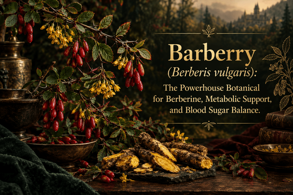 Barberry branches with crimson berries, green leaves, yellow flowers, and golden root slices on a dark apothecary table.