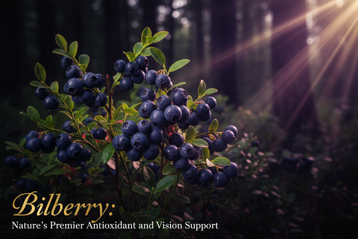 Fresh Vaccinium myrtillus bilberries clustered on branches dramatically lit against a dark background, representing bilberry as a premier antioxidant and vision-supporting botanical herb
