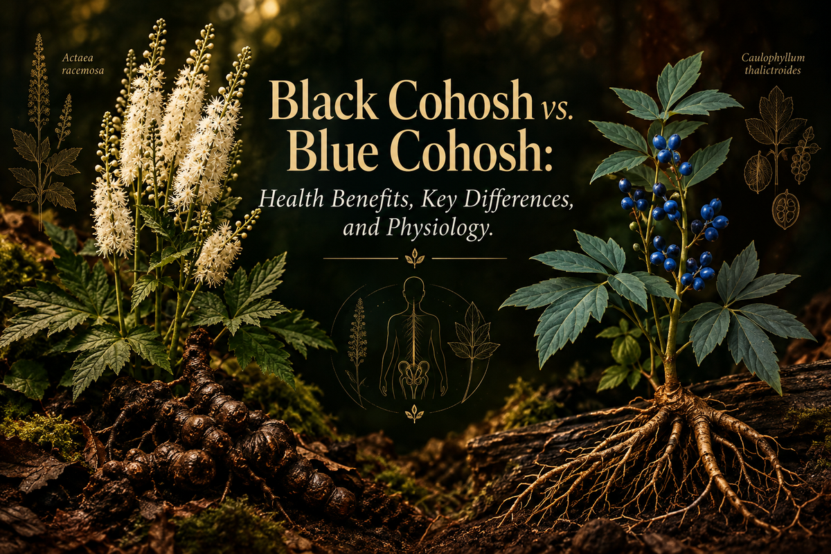 Black cohosh with white flower plumes and blue cohosh with blue-green foliage and cobalt berries displayed side by side.