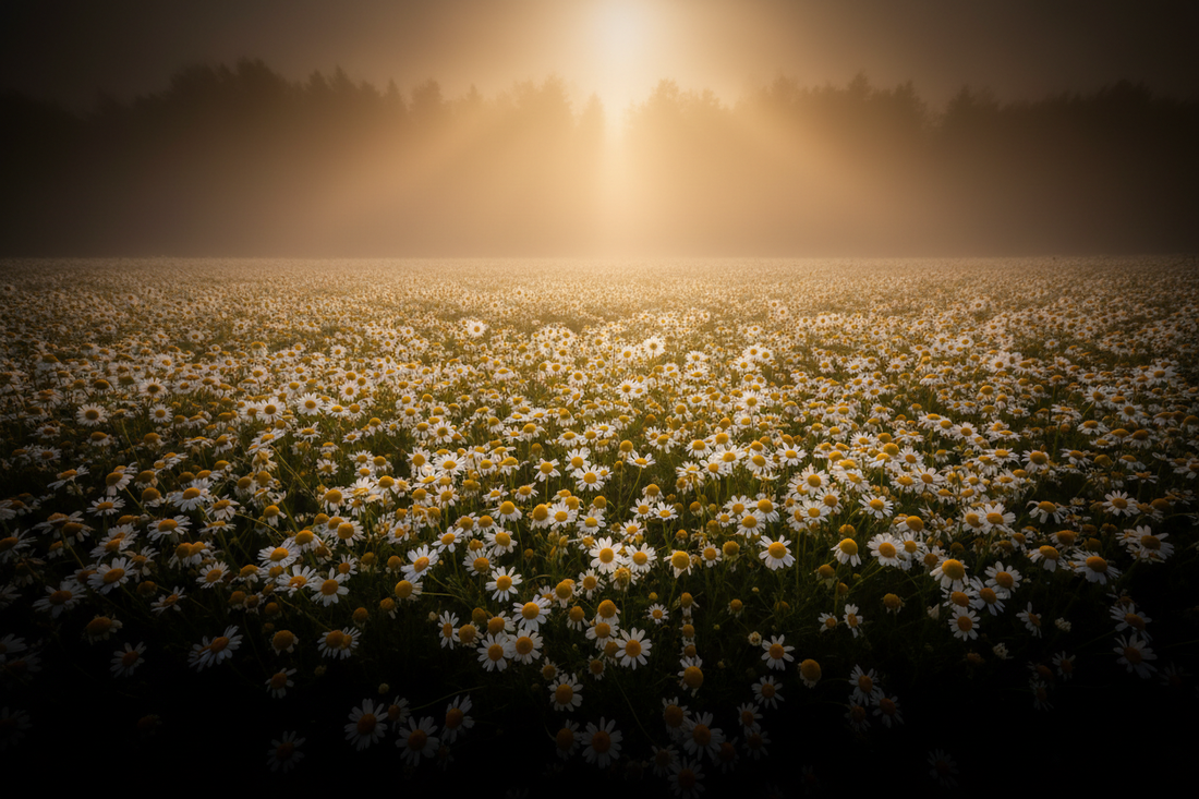 A wide cinematic field of chamomile in full bloom — white petals and golden centers stretching into the distance with warm amber light rays filtering through.