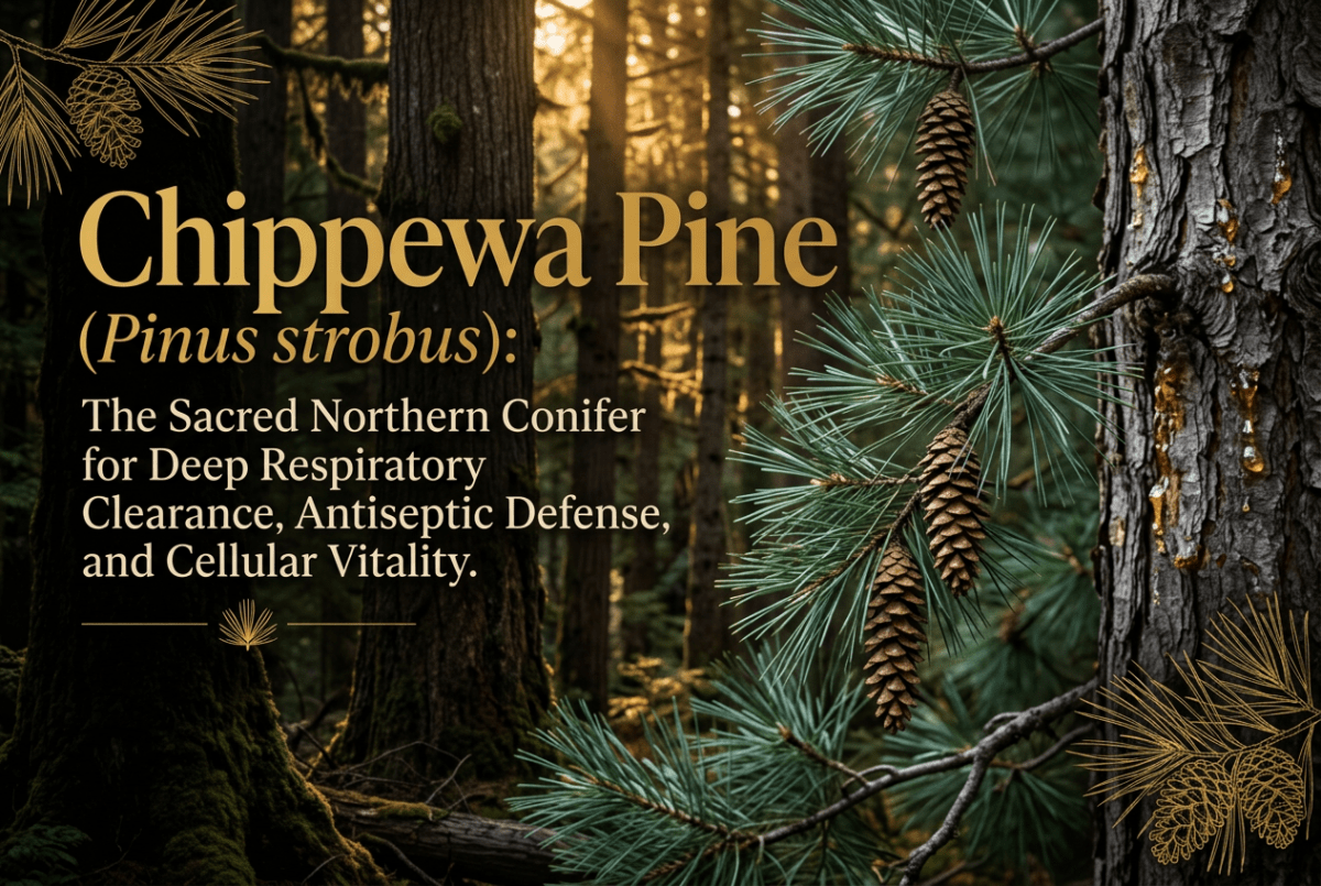 Eastern white pine needles, slender cones, bark, and amber resin in a sunlit northern forest