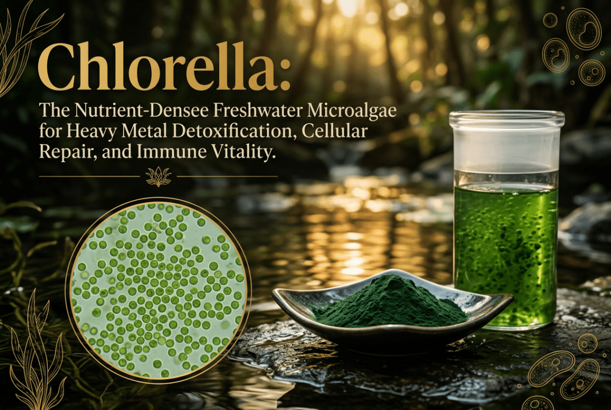 Chlorella powder and a green culture vessel beside a freshwater pond with a magnified algae inset