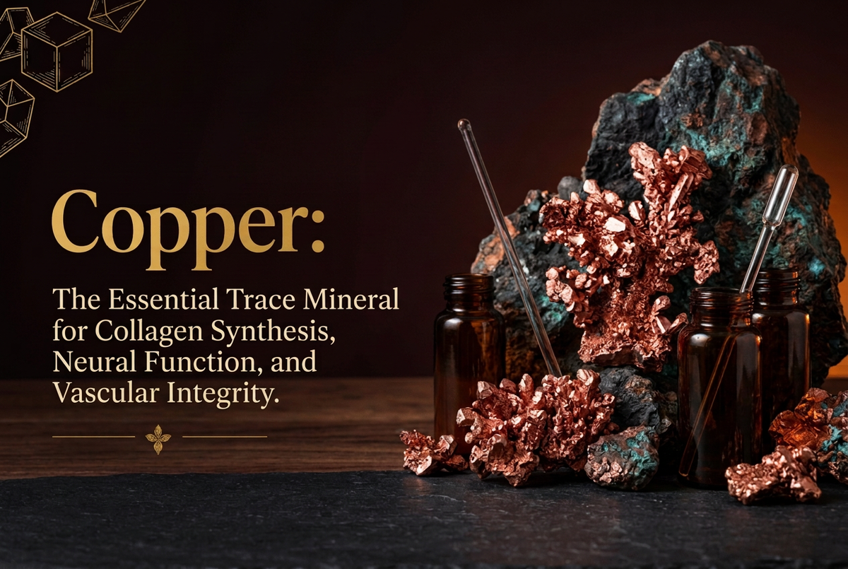 Copper specimens and scientific glassware on dark slate in warm amber light
