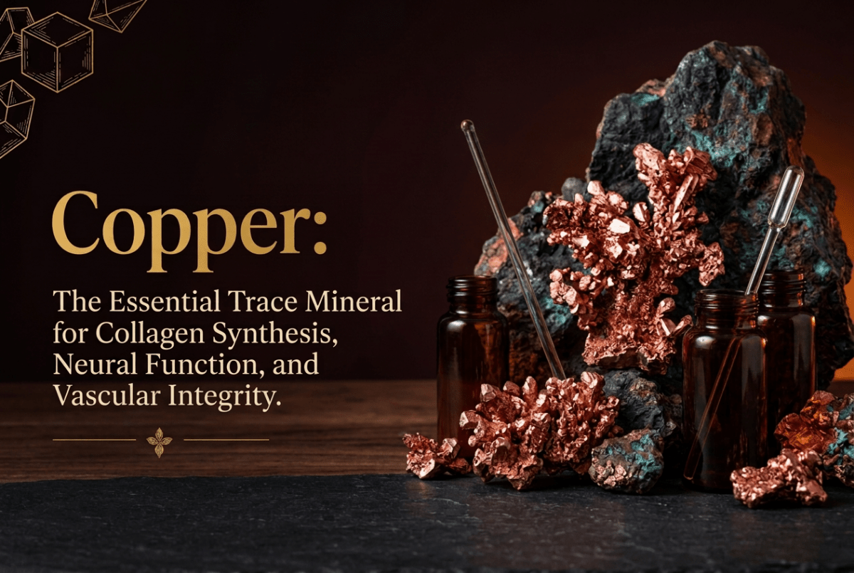 Copper specimens and scientific glassware on dark slate in warm amber light