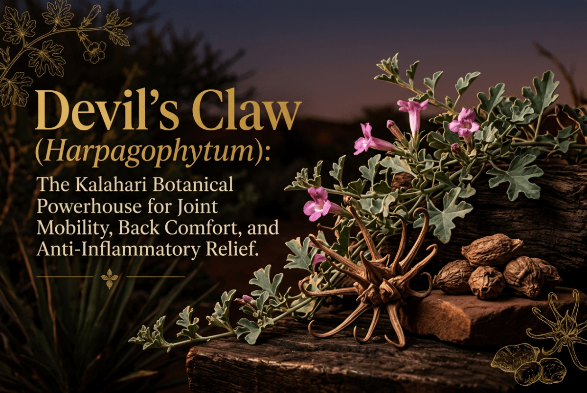 Devil’s claw hooked seed capsules, tubers, and flowers in warm Kalahari twilight