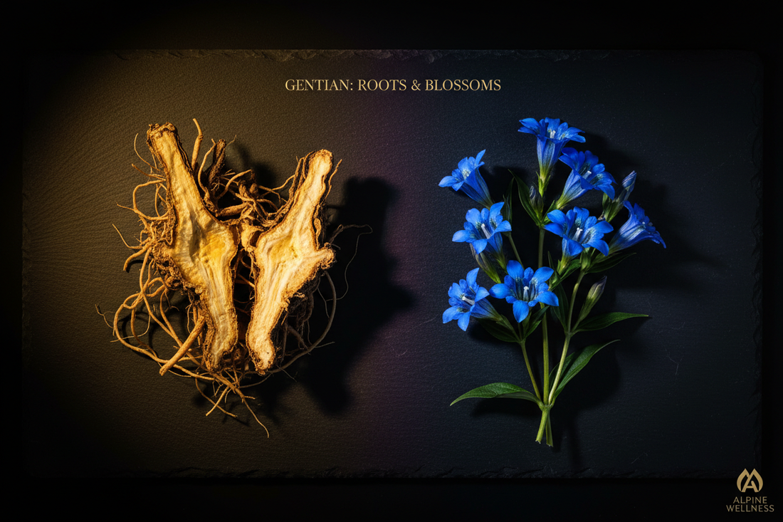 A striking overhead composition contrasting the deep gold of split Gentiana lutea roots against vivid cobalt blue Gentiana flowers