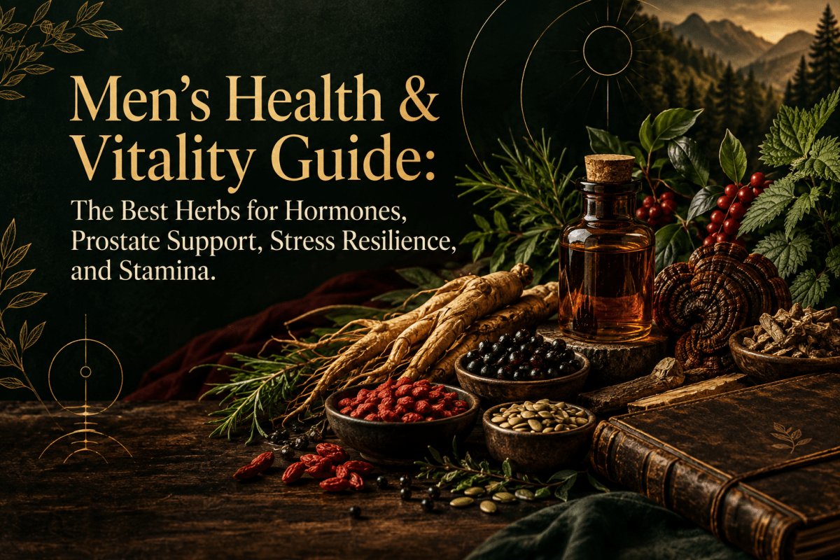 Medicinal roots, berries, leaves, seeds, and amber herbal extract arranged beside an aged journal on a dark apothecary table.