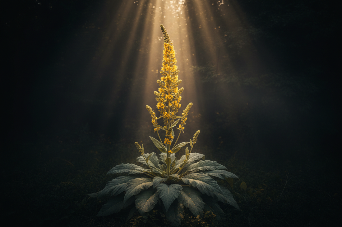 A towering mullein plant with its majestic yellow flower spike reaching upward, dramatically backlit with golden rays against a deep dark background.