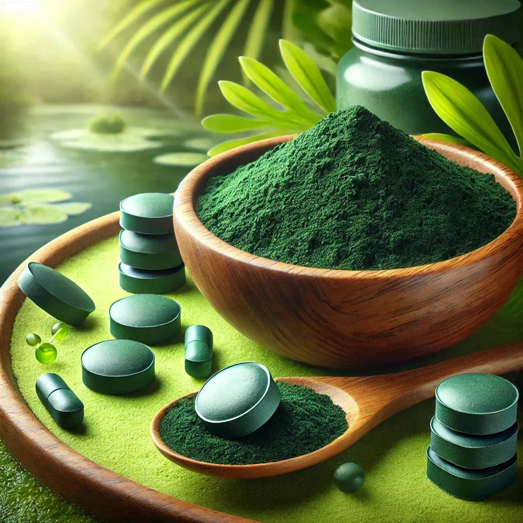 Organic spirulina powder and capsules — a nutrient-dense superfood for immune support, energy, and skin health