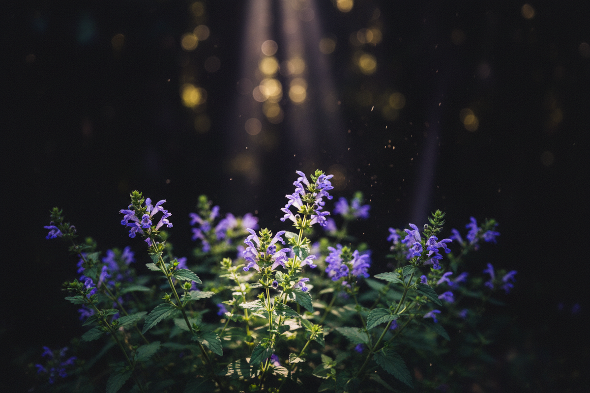 Fresh Scutellaria lateriflora scullcap plant with delicate blue-purple flowers dramatically lit against a dark background, representing scullcap as a calming and restorative botanical herb