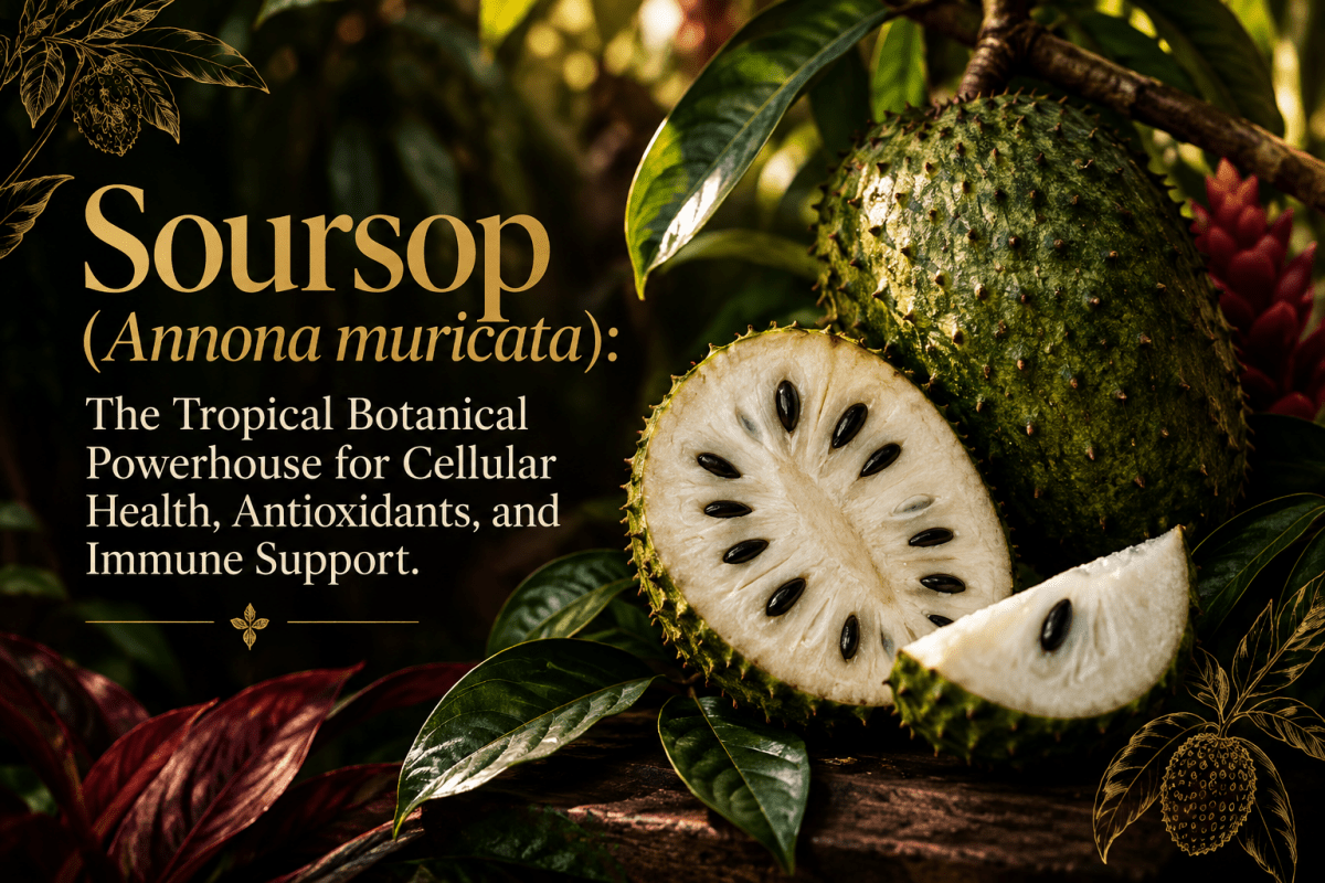 Green soursop fruit, creamy white flesh, black seeds, and glossy leaves in a moody tropical garden.