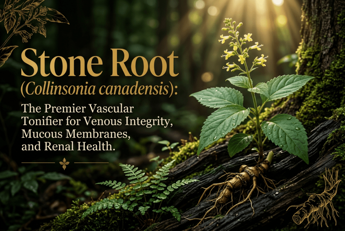 Stone root leaves, pale yellow flowers, and knotted rhizome in golden woodland light.