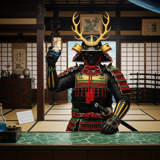 Samurai holding a bottle of Methylene Blue