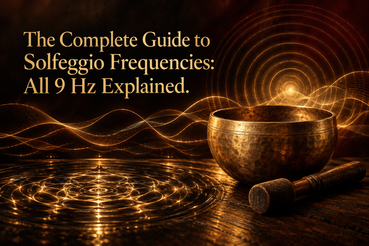 Bronze singing bowl surrounded by golden sound waves and cymatic patterns.