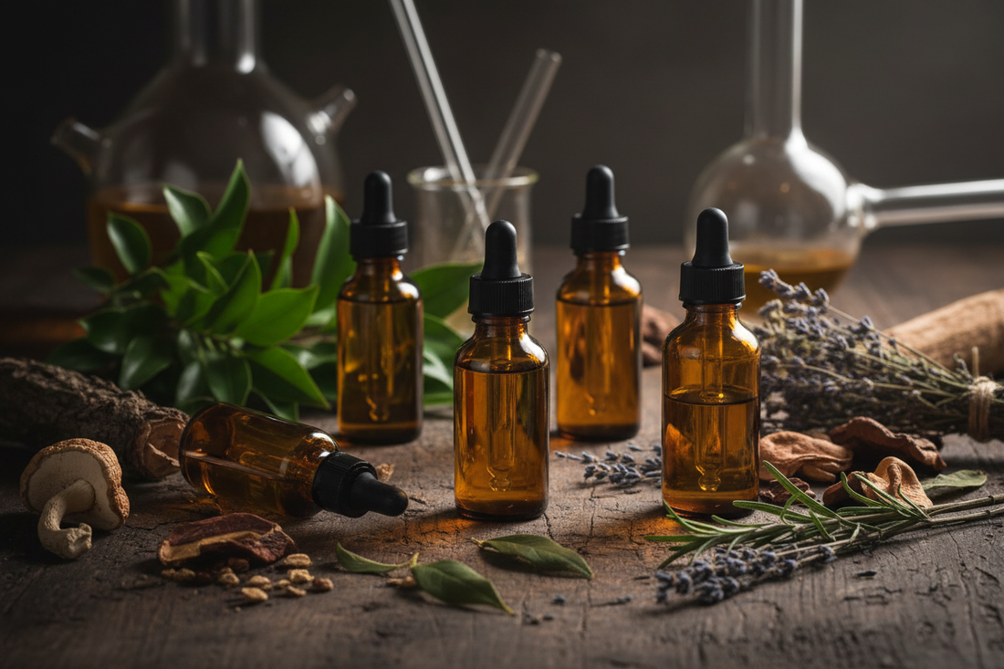 Glass herbal tincture bottles with botanical herbs and scientific glassware illustrating professional extraction methods for high-potency plant medicine