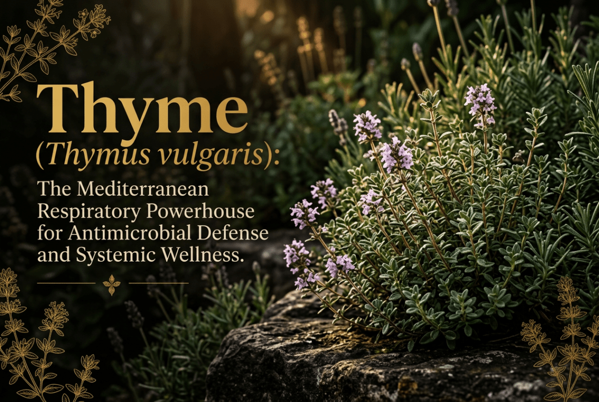 Thyme foliage and pale lilac flowers in a Mediterranean garden with warm golden light