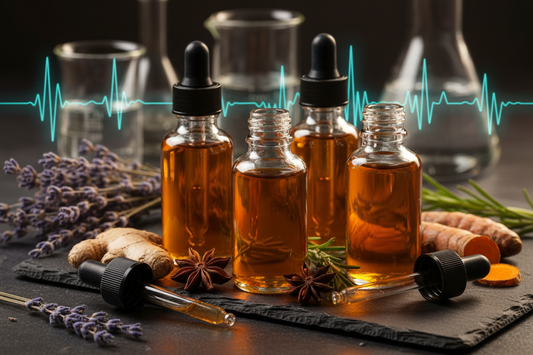 Herbal tincture bottles with botanical herbs and ultrasonic sound wave visualization representing advanced extraction technology for high-potency plant medicine