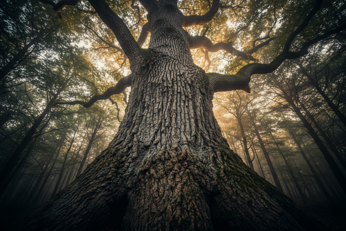 looking up at a towering ancient white oak trunk, deeply textured bark filling the frame with golden light breaking through the canopy above.