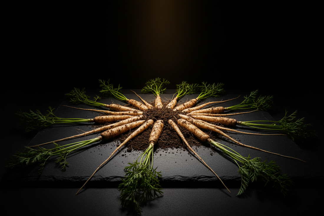 Root-forward this time — slender pale wild carrot roots with soil and feathery tops, dramatically lit with warm gold against a deep black background.