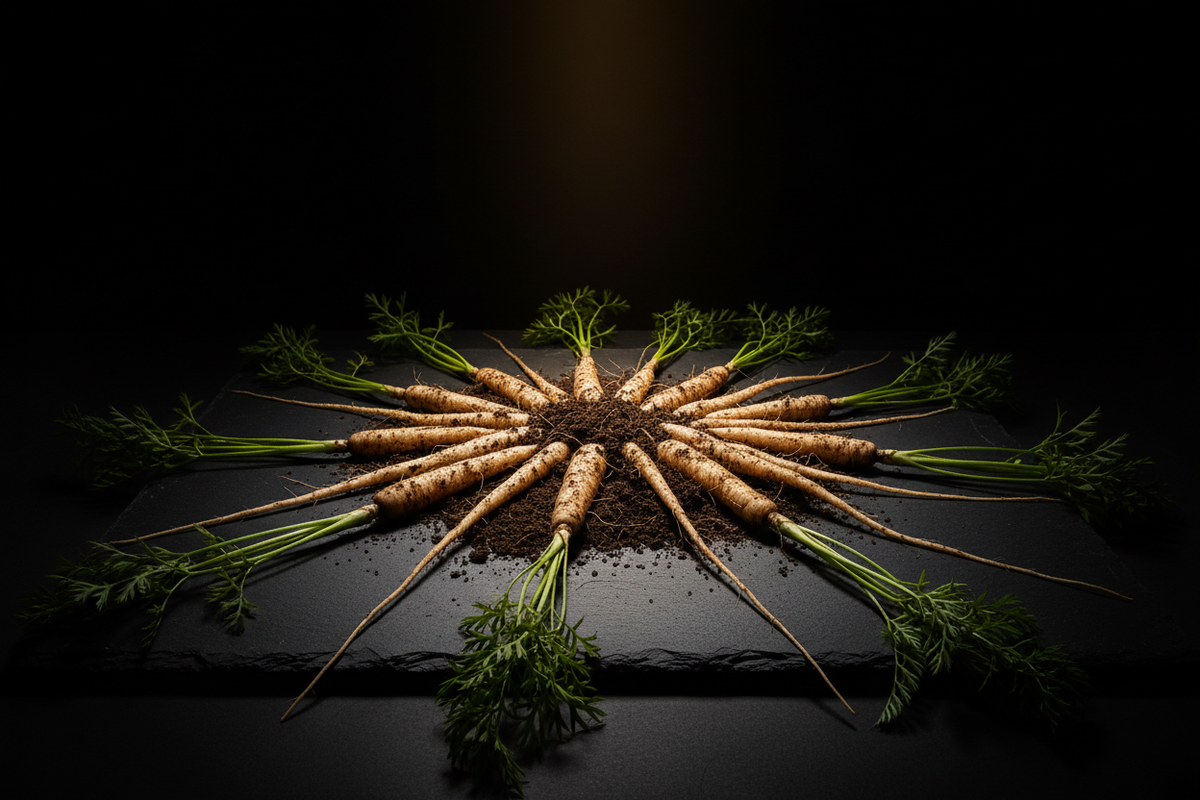 Root-forward this time — slender pale wild carrot roots with soil and feathery tops, dramatically lit with warm gold against a deep black background.