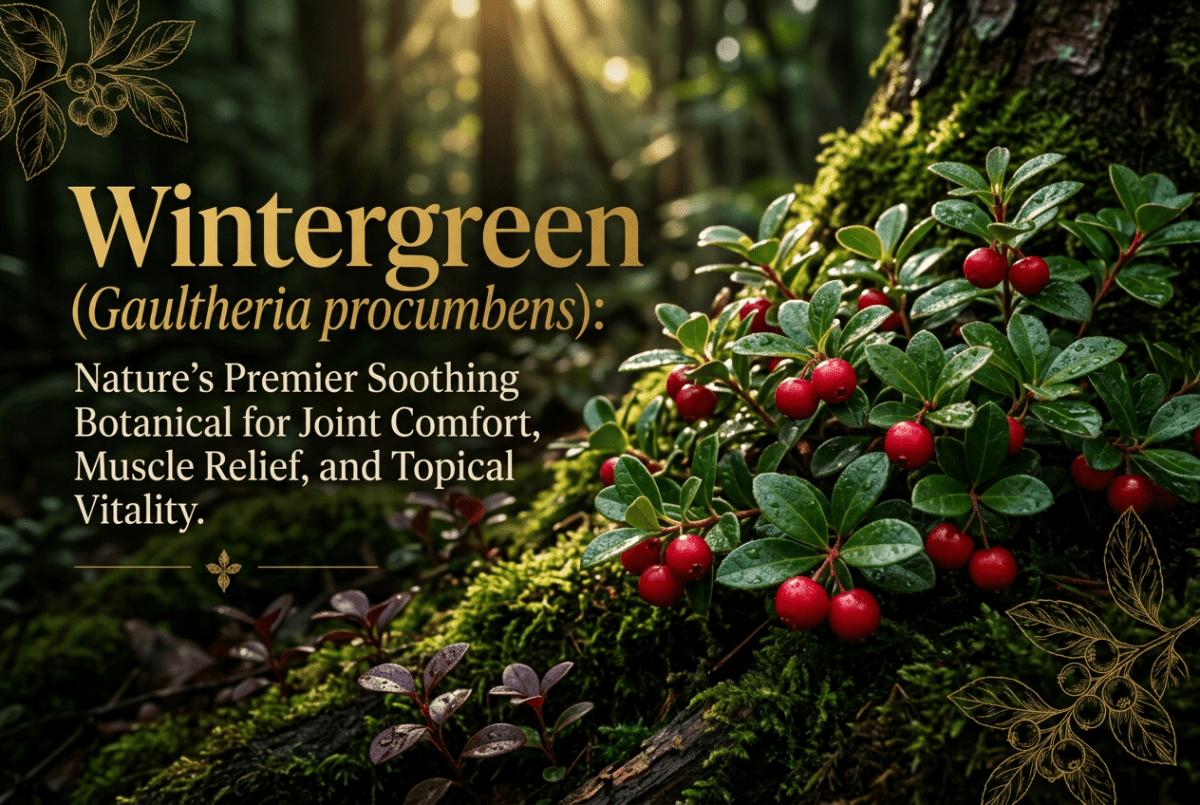 Wintergreen’s glossy leaves and red berries in a woodland illuminated by golden sunlight.