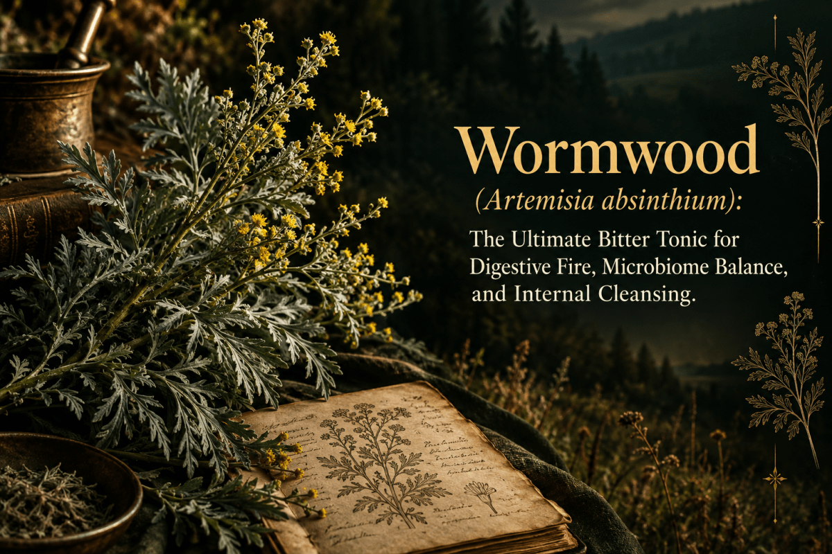 Silvery wormwood leaves and yellow flower clusters beside an aged herbal manuscript in a dark European meadow setting.