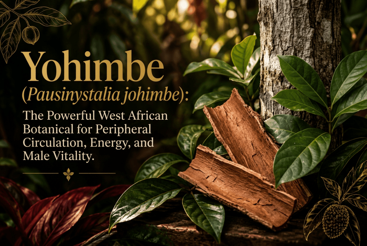 Yohimbe bark and evergreen leaves in a lush rainforest with warm golden sunlight.