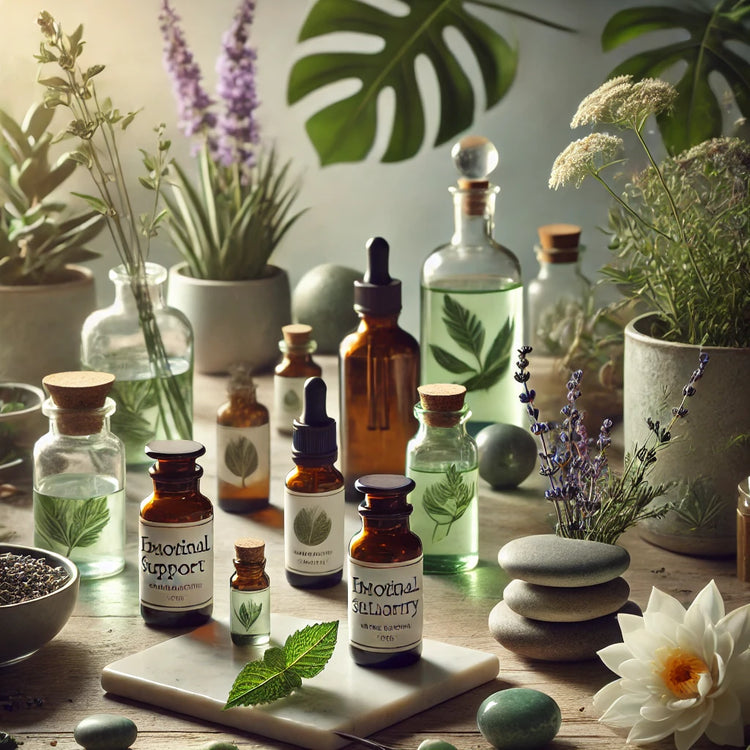 Here is the image based on the wellness scene with tinctures designed for emotional support. It features soothing elements like herbal tinctures, plants, and a peaceful atmosphere that conveys tranquility and mental well-being