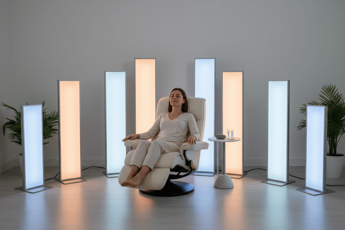 Woman enjoying the different types of light therapy devices
