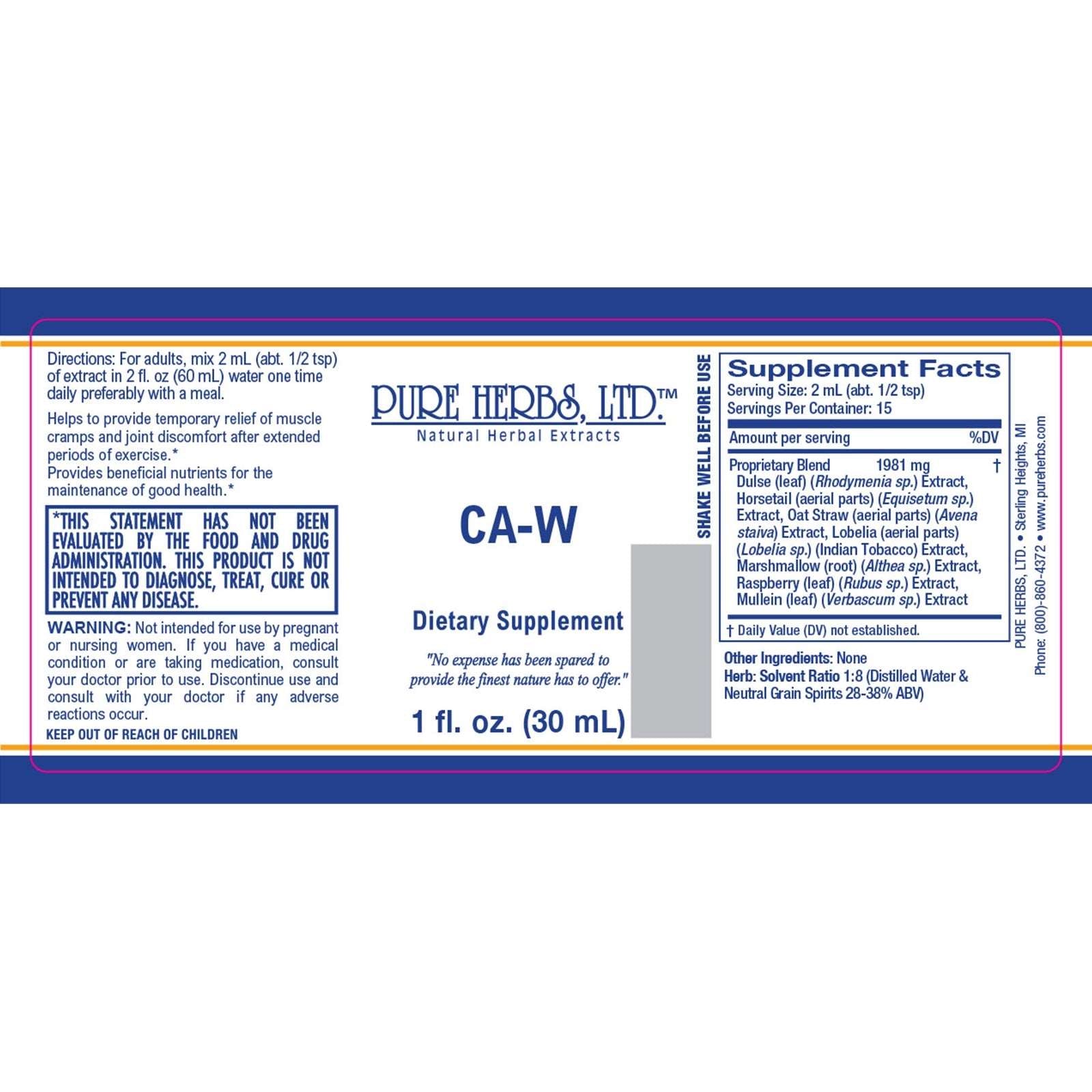 CA-W (Dulse, Horsetail, Indian Tobacco, Marshmallow, Mullein Leaf, Oat Straw, Red Raspberry Leaf)