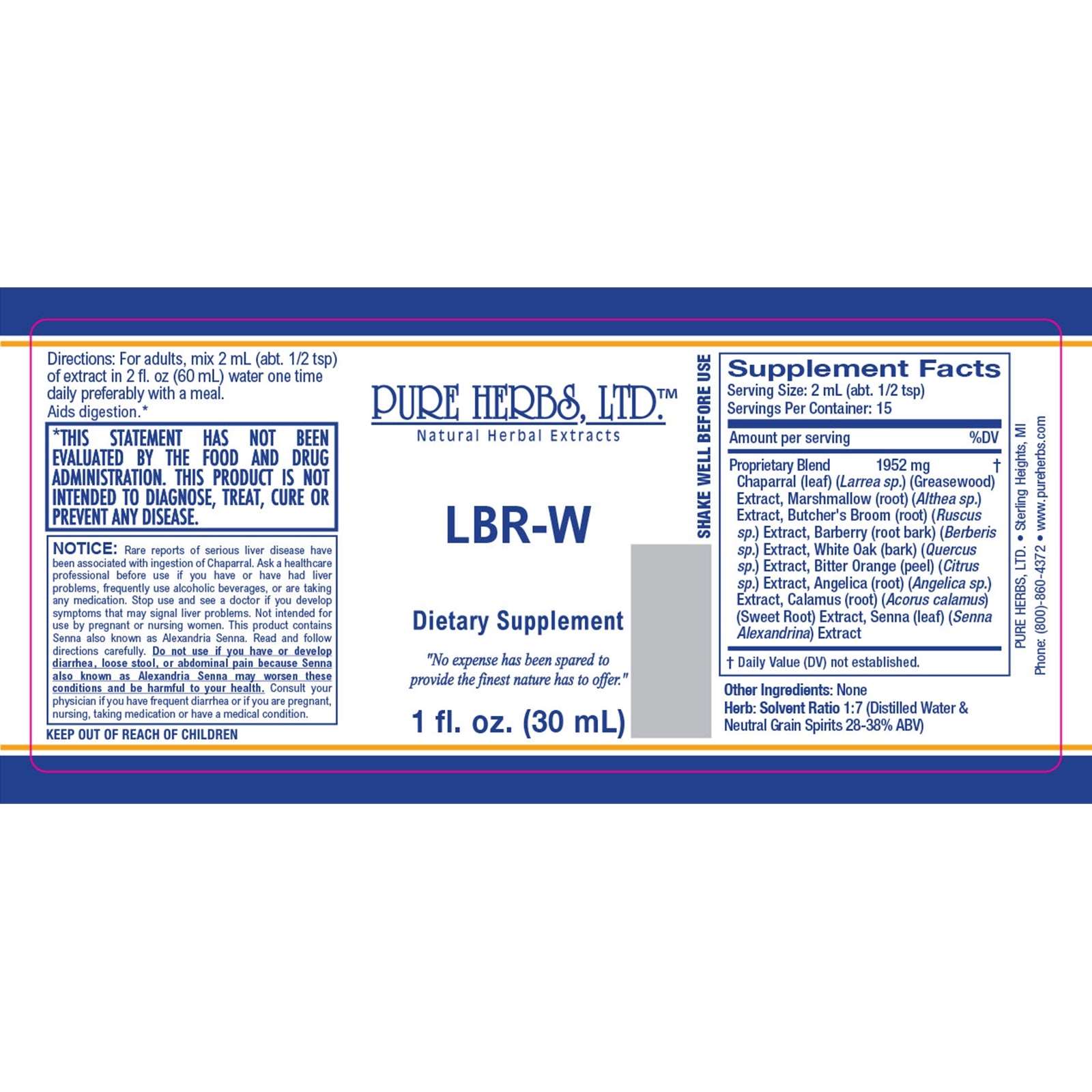 LBR-W (Angelica, Barberry, Bitter Orange, Butcher's Broom, Greasewood, Marshmallow, Senna, Sweet Root, White Oak Bark)