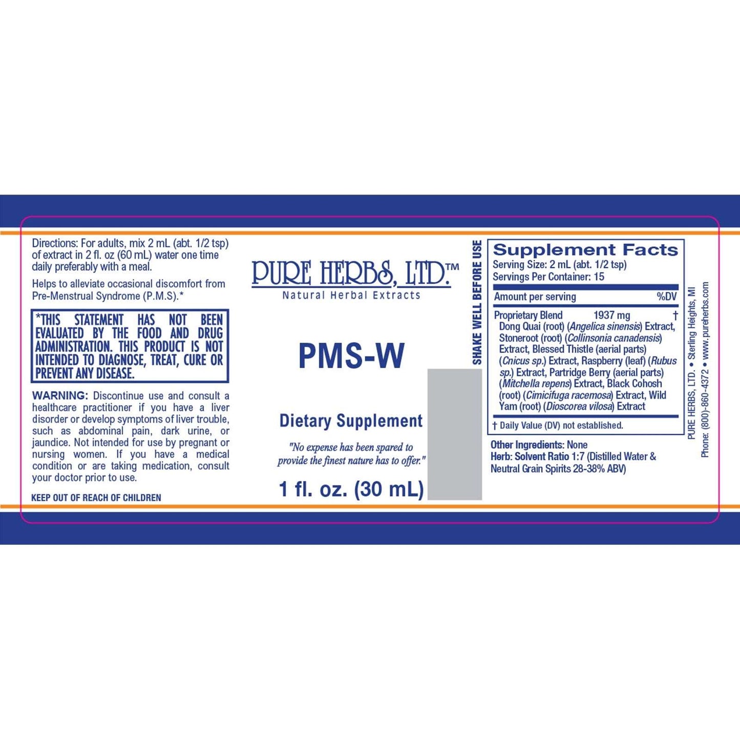 PMS-W (Black Cohosh, Blessed Thistle, Dong Quai, Partridge Berry, Red Raspberry Leaf, Stone Root, Wild Yam)