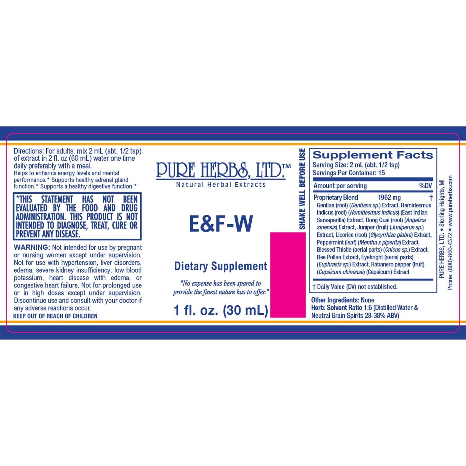 E & F-W (Bee Pollen, Blessed Thistle, Capsicum, Dong Quai, Eyebright, Gentian, Indian Sarsaparilla,&nbsp;Juniper Berry, Licorice Root, Peppermint Leaf)