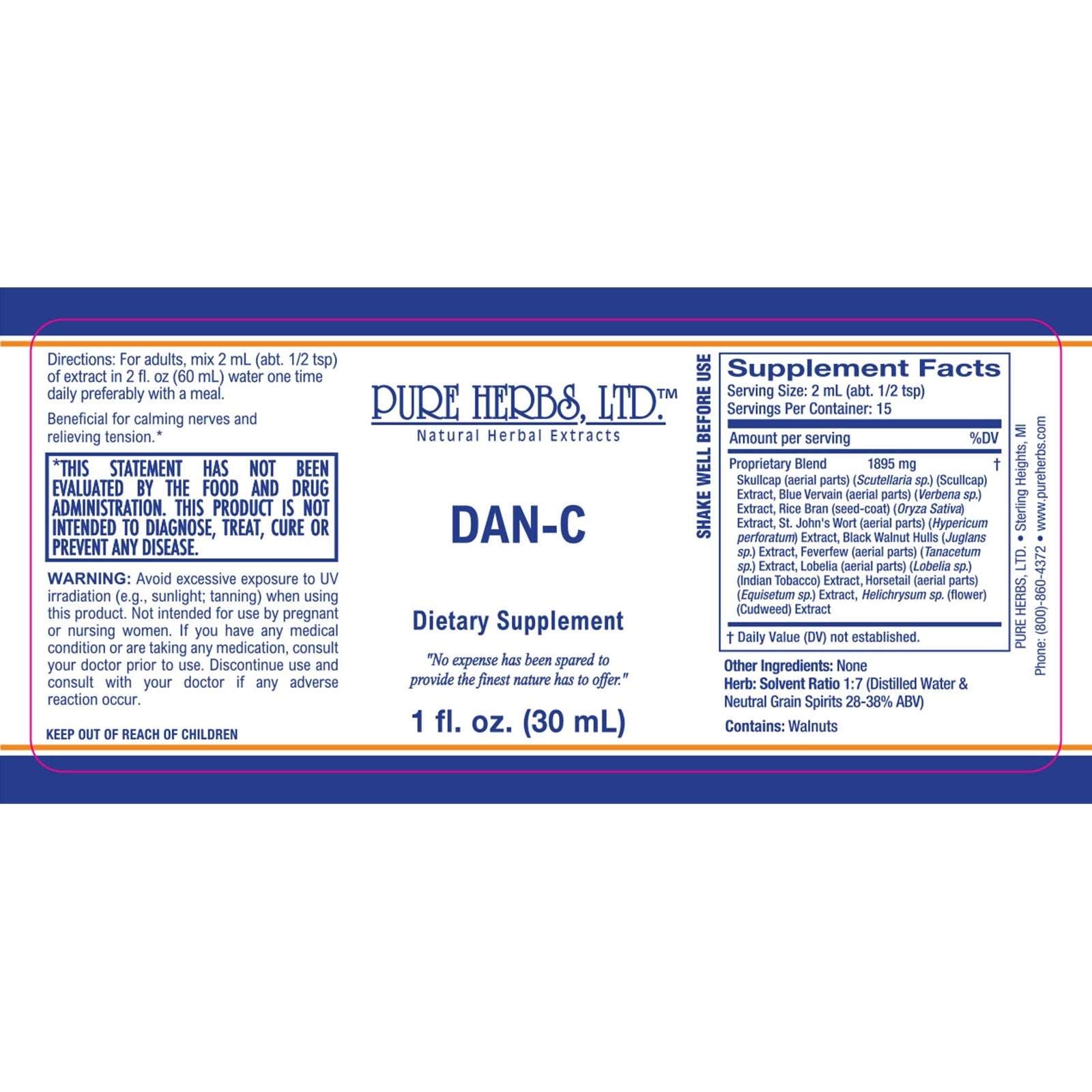 DAN-C (Reformulated) Black Walnut Hulls, Blue Vervain, Cudweed, Feverfew, Horsetail, Indian Tobacco, Rice Bran, Scullcap, St. John's Wort