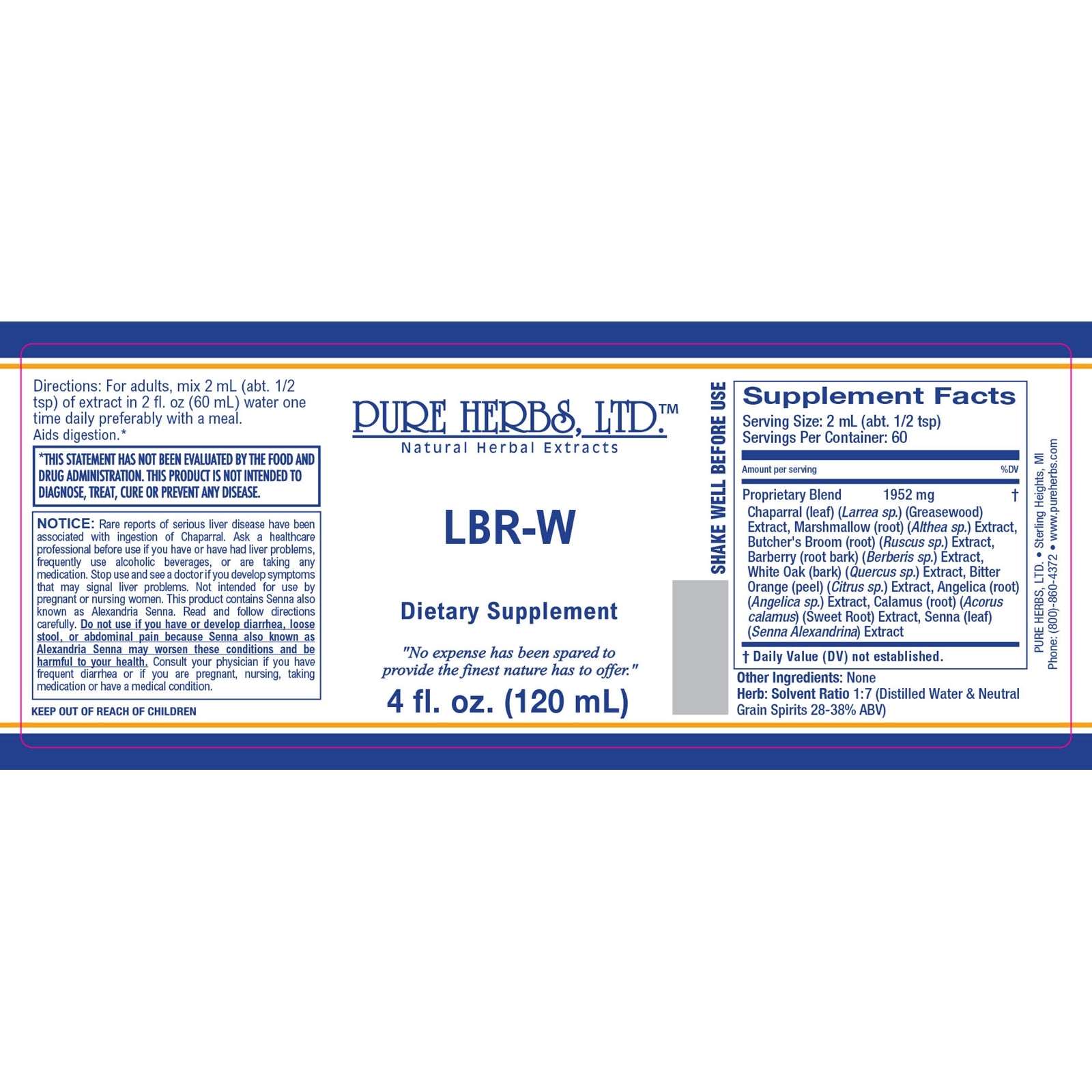 LBR-W (Angelica, Barberry, Bitter Orange, Butcher's Broom, Greasewood, Marshmallow, Senna, Sweet Root, White Oak Bark)