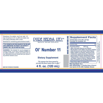 Ol' Number 11 (Black Walnut Hulls, Green Ginger, Indian Tobacco, Marshmallow, Mullein Leaf, Scullcap, Stone Root, White Oak Bark)