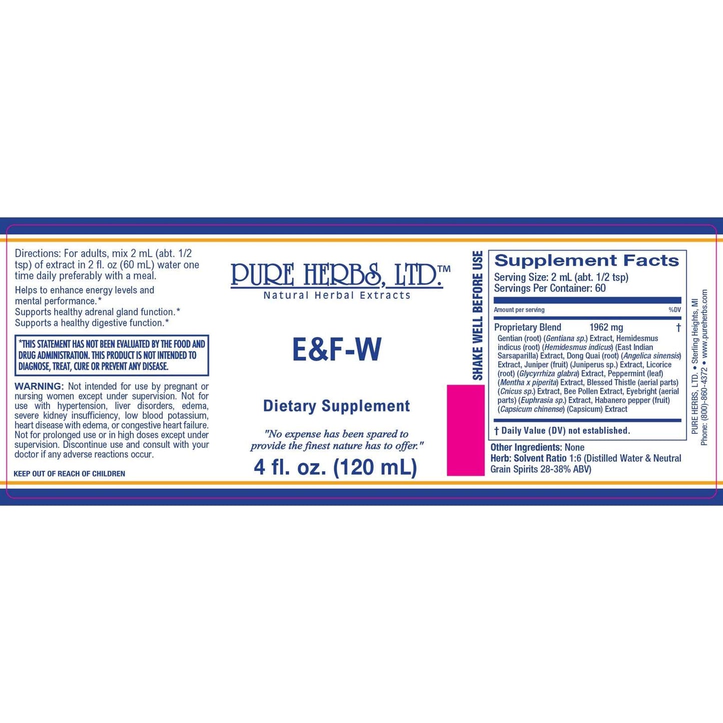 E & F-W (Bee Pollen, Blessed Thistle, Capsicum, Dong Quai, Eyebright, Gentian, Indian Sarsaparilla,&nbsp;Juniper Berry, Licorice Root, Peppermint Leaf)