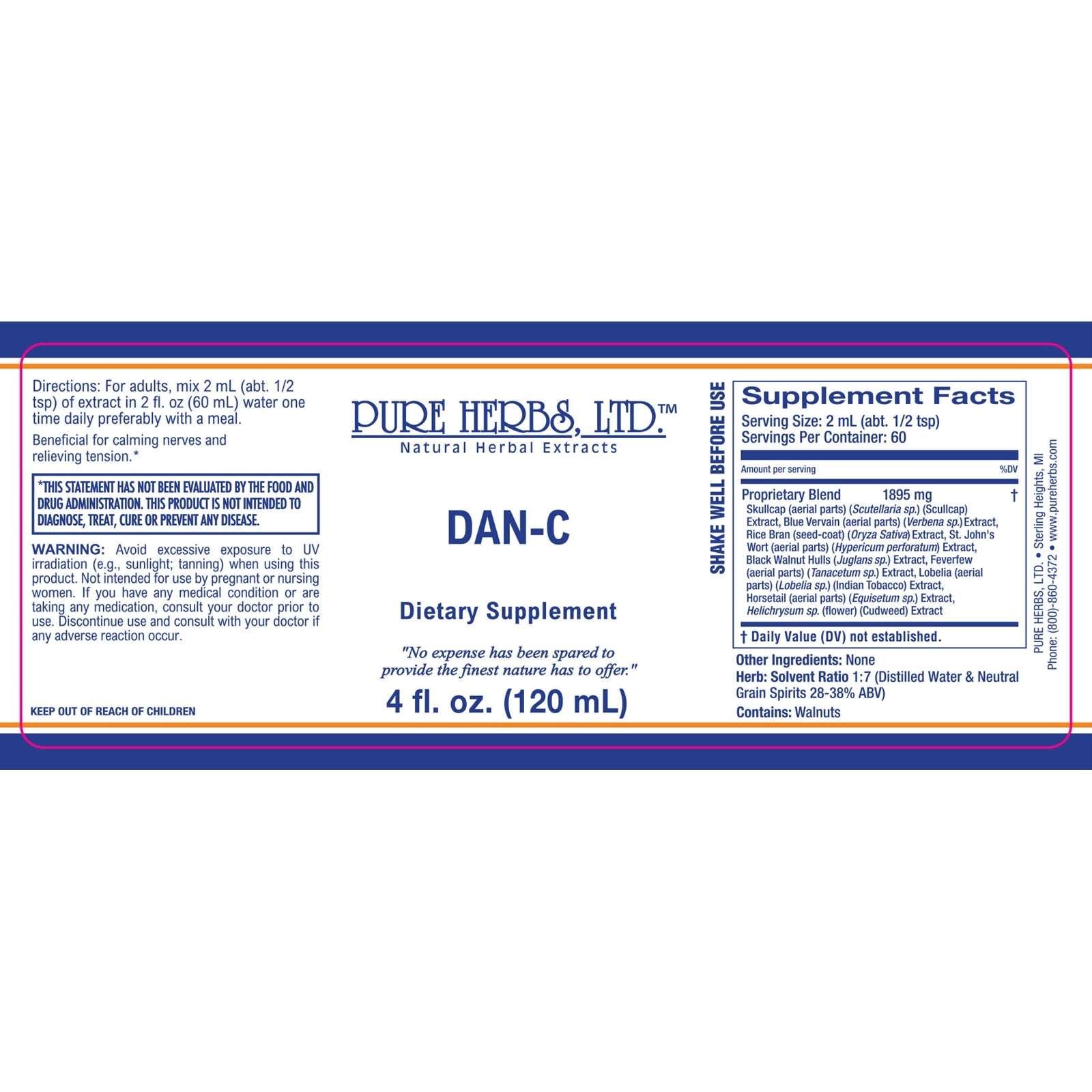 DAN-C (Reformulated) Black Walnut Hulls, Blue Vervain, Cudweed, Feverfew, Horsetail, Indian Tobacco, Rice Bran, Scullcap, St. John's Wort