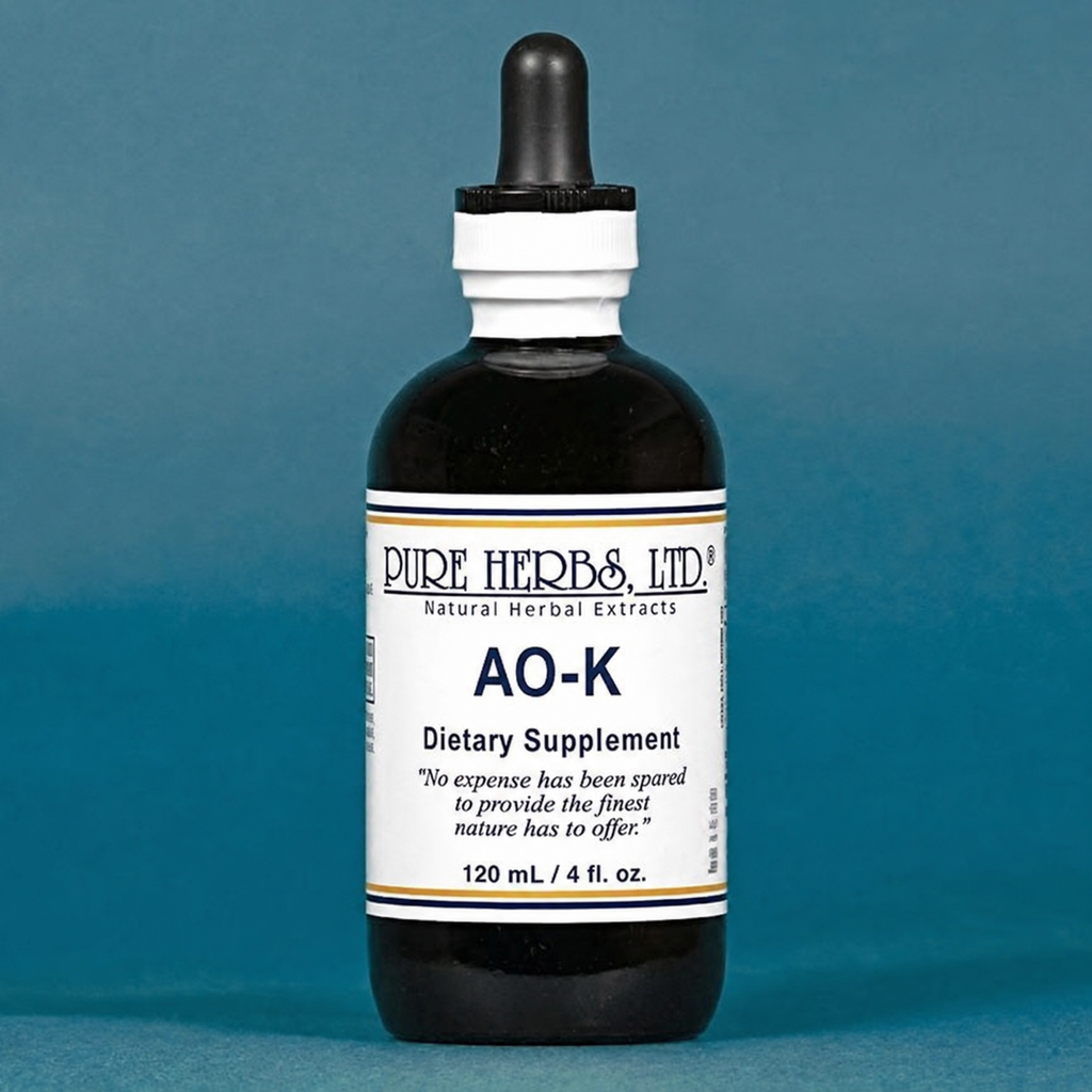 A 120 mL bottle of Pure Herbs, Ltd. AO-K Dietary Supplement with a black dropper cap and white label, set against a solid blue background.