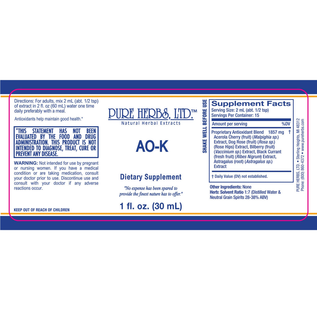 Front of a dietary supplement bottle label for Dufd Herbs, Ltd. AO-K, showing Supplement Facts, directions, warnings, and a blue-and-white design on a white background.