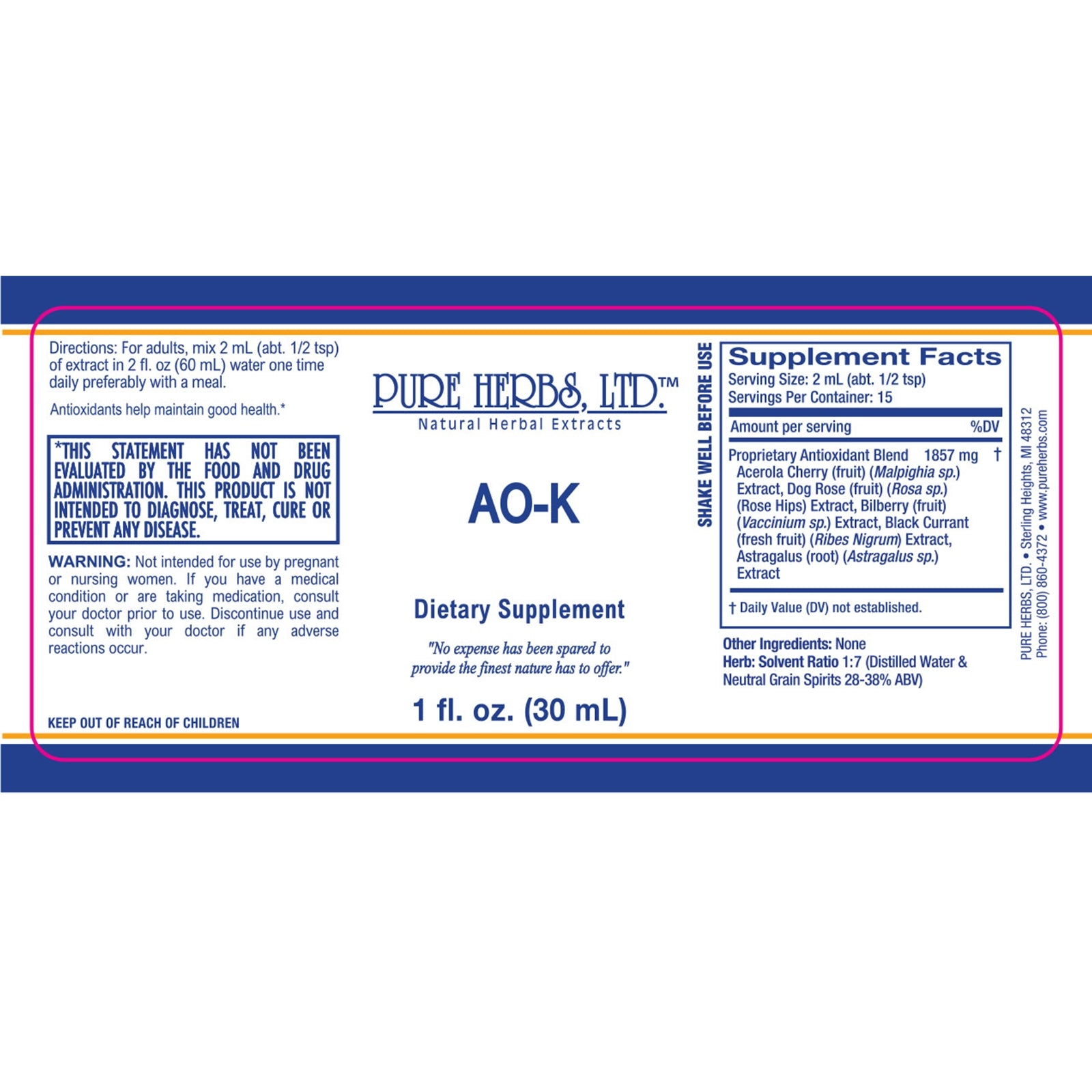 Front of a dietary supplement bottle label for Dufd Herbs, Ltd. AO-K, showing Supplement Facts, directions, warnings, and a blue-and-white design on a white background.