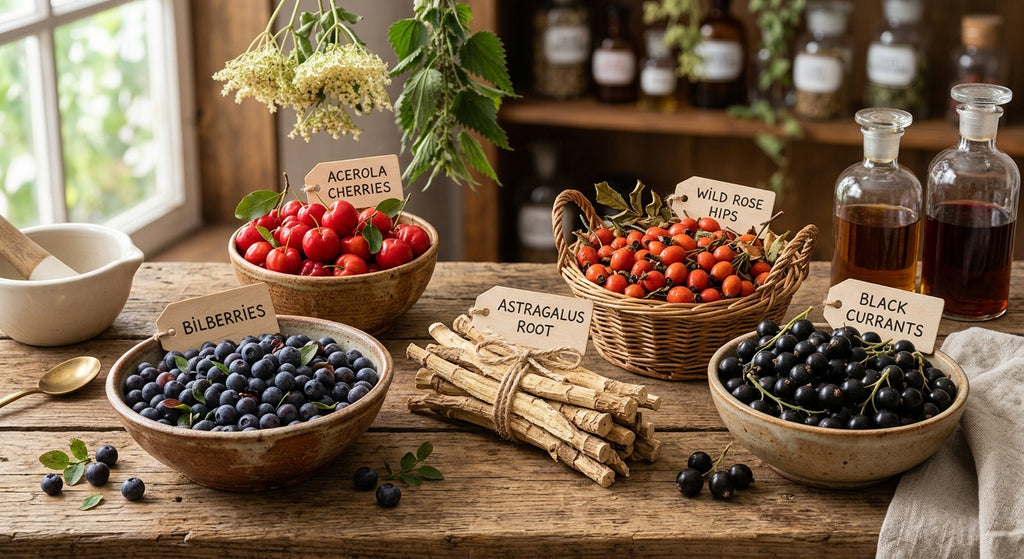 A rustic tabletop arrangement of fresh berries and herbal ingredients in bowls and baskets, including bilberries, acerola cherries, wild rose hips, astragalus root, and black currants, with labeled signs and glass bottles in a warm, softly blurred kitchen or apothecary background.
