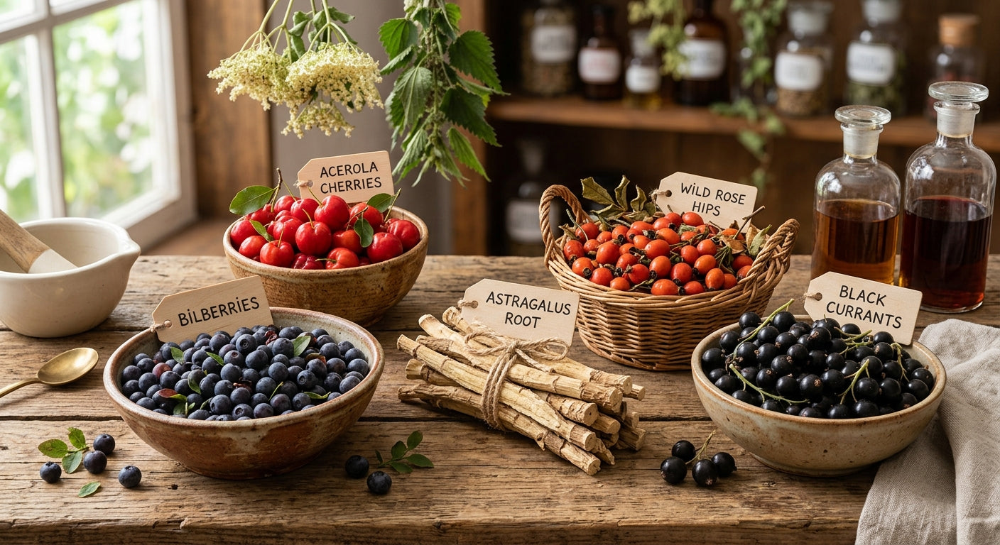 A rustic tabletop arrangement of fresh berries and herbal ingredients in bowls and baskets, including bilberries, acerola cherries, wild rose hips, astragalus root, and black currants, with labeled signs and glass bottles in a warm, softly blurred kitchen or apothecary background.